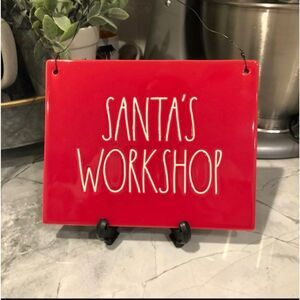 Rae Dunn SANTA'S WORKSHOP  Red Ceramic  Plaque Sign Hanging or Table Top